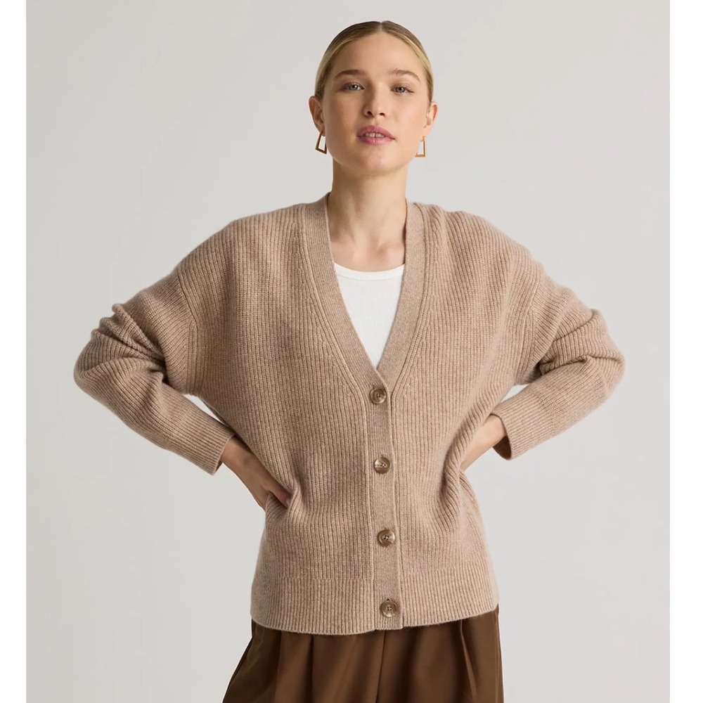 Quince Mongolian Cashmere Fisherman Boxy Cropped Cardigan Oatmeal L